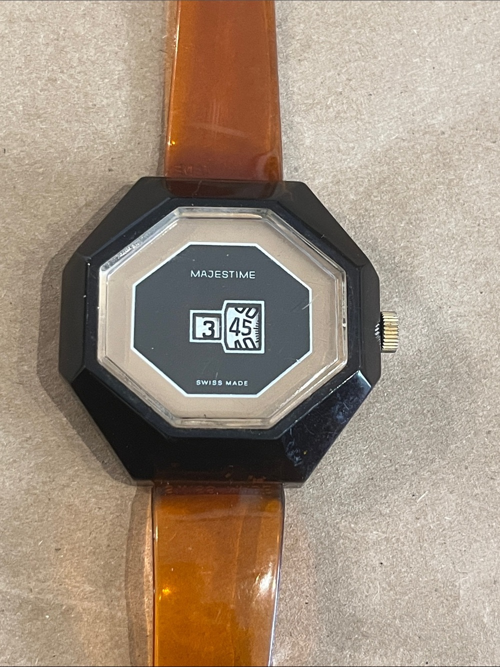 vintage Majestime  Black Octagonal Watch with Amber Strap circa 70s, good cond